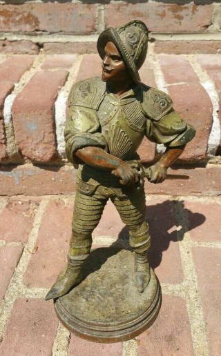 Antique Renaissance Cavalier Musketeer Conquistador Finial Spelter Statue 11.  5 "