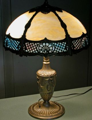 Antique Victorian Nouveau Slag Glass 12 Panel Lamp Filigree Urn Vase Base 24x17 "