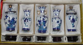 5 Pc Antique Chinese Cloisonne Blue White Vase Set