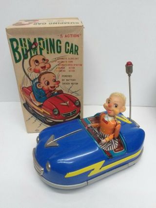 Vintage Battery Operated Bumping Car Tin Toy 5 Action Bumper Car " Alps " W/ Box