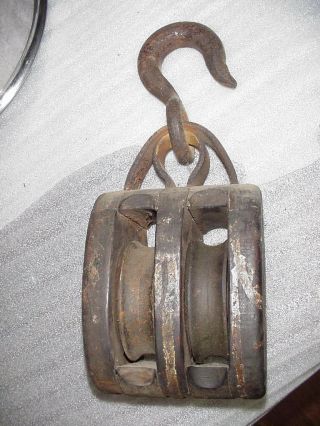 Antique Double Wood Rope & Steel Double Pulley Americana Steam Punk