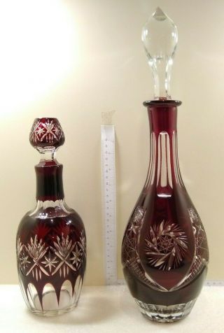 2 Vintage Cranberry/ruby/red Cut To Clear Crystal Glass Wine Carafe/decanter