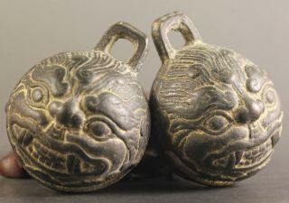 A Pair Ancient China Bronze Bell Old Dragon Head Bronze Bells