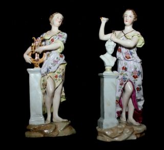 Pair 19th Century Continental Figurines Woman Sculptor & Harp Player