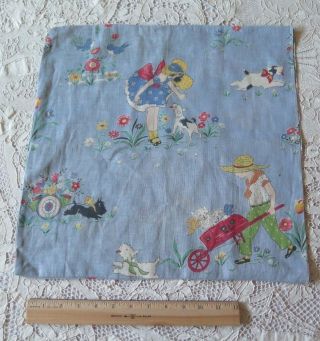 Vintage 1930 Children,  Dogs & Cats In Garden Novelty Print Pillow Case 17 " Square