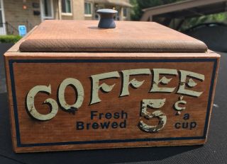 Old Painted Wood Folk Art Coffee Fresh Brewed 5c Advertising Sign Box