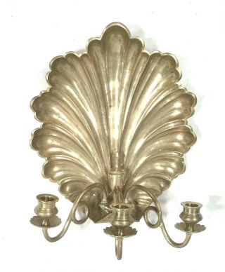 Mid Century Classical Regency 3 Arm Brass Seashell Candle Sconce