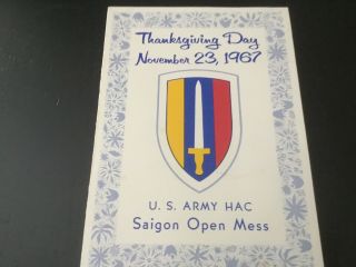 1967 THANKSGIVING DINNER MENU for U.  S.  ARMY HAC SAIGON OPEN MESS 5