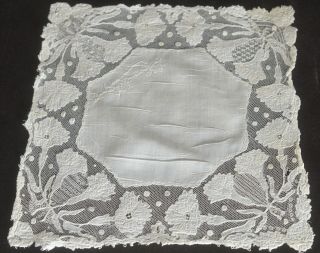 Rare French Embroidered White Lace Hanky Antique Art Nouveau Uu574