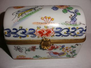 Antique French Porcelain Trinket Hinged Trunk Box For Buchner Hand Painted Birds