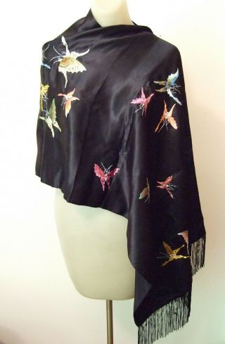 Chinese Hand Embroidered Butterflies On A Vintage Lined Black Silk Shawl