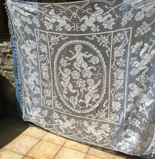 French Net Mesh By Hand Vintage Curtain Dble Bed /table Cover Bedspread Throw