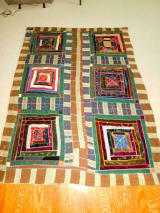 Antique Vintage Handmade CRAZY PATCH QUILT Knotted Comforter Feedsack Backing 2