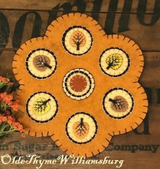 Primitive Stitchery Autumn Fall Trees Penny Rug Harvest Halloween Candle Mat