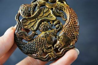 Exquisite Chinese Old Jade Carved Two - Sided Fishes Lucky Pendant J12