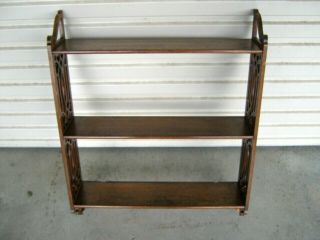 A Lovely Victorian 1900 ' s Timber 3 Shelf Filigree Sided Wall Mount Whatnot Shelf 4