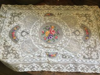 Antique Needle Lace Petit Point Embroidered Table Runner Doily Roses Floral