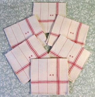 Monogram M S Vintage French 6 Metis Linen Tea Towels 24 " X 31 " Red Stripe
