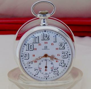 1921 OMEGA 15 JEWELS Pocket Watch 24 H DIAL in FINE SILVER CASE - RUNS 10