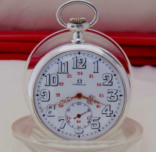 1921 Omega 15 Jewels Pocket Watch 24 H Dial In Fine Silver Case - Runs