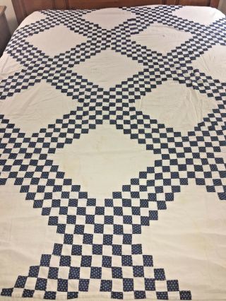 Vintage Handmade Blue And White Postage Stamp Nine Patch Irish Chain Quilt Top