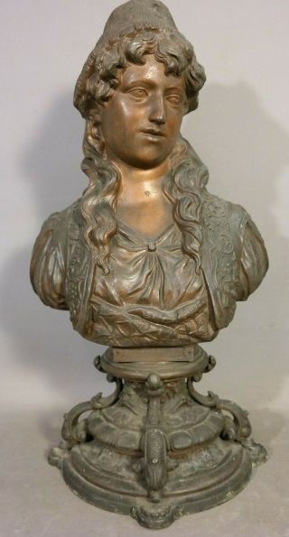 19thc Antique Victorian Bronzed Lady Bust Old Parlor Statue Koi Fish Sculpture