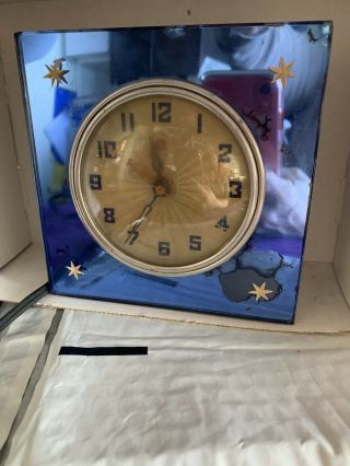 Vintage Art Deco General Electric Blue Mirror Alarm Clock Model 5h64 With Stars
