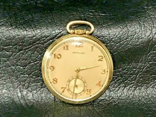 Antique 1930 14k Yellow Gold Hamilton Open Face Pocket Watch 17 Jewel
