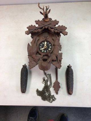 Vintage Black Forest Hunter Stag Deer Wood Carved Cuckoo Clock West Germany