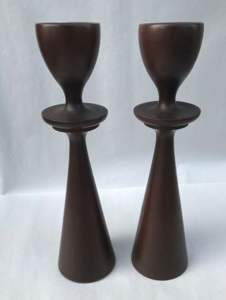 Unique Mid Century Modern Danish Turned Wood Candle Stick Holders Mcm