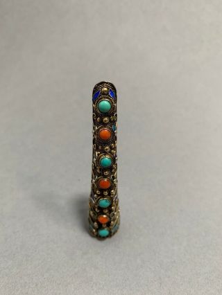 Antique Chinese Silver Filigree Enamel Turquoise Coral Nail Guard Pin Brooch