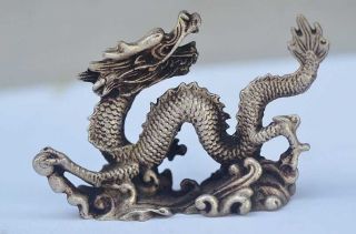 Chinese Old Copper Plating Silver Handwork Carved Dragon Statue A02