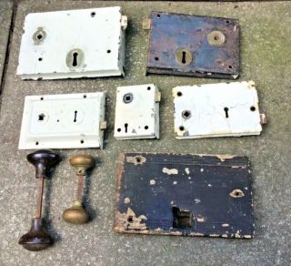 X6 Vintage Rim Locks & 2 Pairs Vintage Door Handles Brass & Bakelite