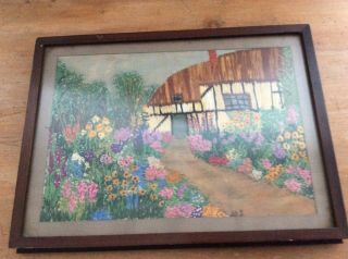 Antique Framed Hand Embroidered Picture Of A Cottage And Country Garden