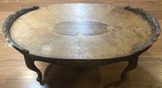 Vintage Wooden Inlay Oval Coffee Table Carved Antique