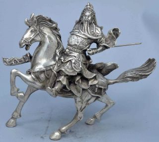 Collectable Miao Silver Carve Wear Dragon Robe Warrior Ride Horse Royal Statue
