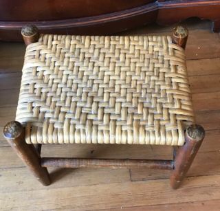 Antique Wood Cane Foot Stool / Wicker Bamboo