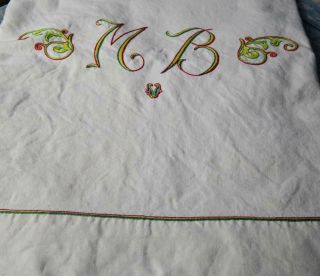 Antique French Monogrammed Hand Embroidered Metis Sheet 