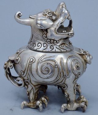 Collectable Tibet Handwork Miao Silver Carve God Beast Exorcism Incense Burners 2
