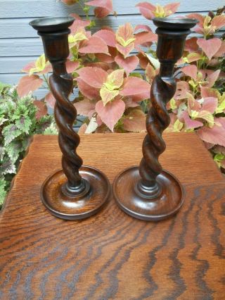 Over 12 " Tall Solid Oak Barley Twist Candle Sticks From England