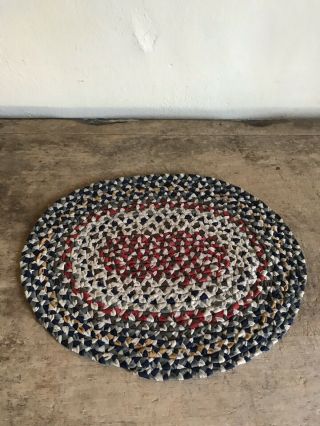 Sweet Small Handmade Oval Braided Table Rug Mat Red Blue Country Colors