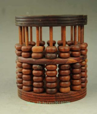 Chinese Wood Abacus Bead Round Statue Hollow Out Brush Pot Pencil D02