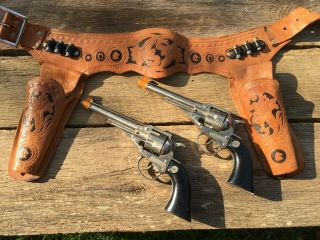 Vintage Hubley 10 " Long Barrel Remington.  36 Double Gun And Leather Holster Set
