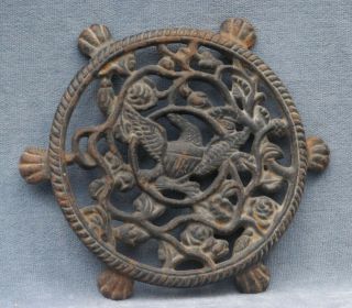 Old Cast Iron Trivet With Eagle And Rose Motif,  Lion Paw Feet