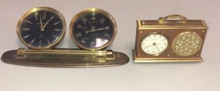 Vintage Brass Remembrance Alarm & Swiss Desk Clock 7 Jewels Weather Barometer