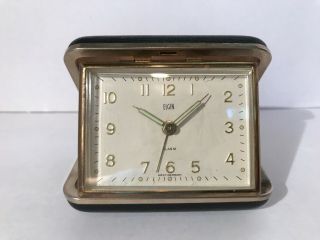 Vintage Elgin Travel Alarm Clock Wind Up,  Black Case West Germany -,