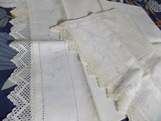VINTAGE FRENCH PURE LINEN EMBROIDERED PILLOWCASES X 2 30  X 22 5
