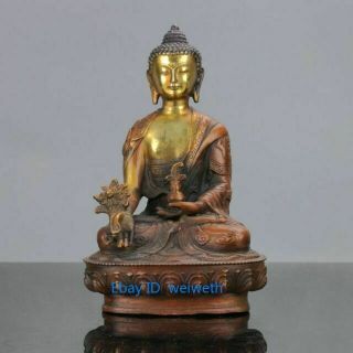 Old Chinese Brass Gilt Hand Carved Dragon Buddhism Pharmacist Buddha Statue