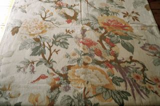 Antique French Exotic Bird Chinoisoire Floral Cotton Fabric Yellow Lavender