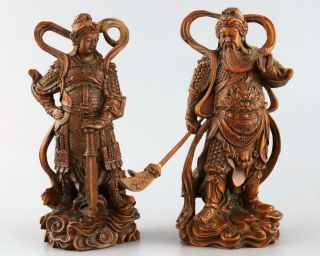 Collectable Antique Boxwood Hand Carve Exorcism Immortal Bring Luck Pair Statue